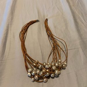 Pearl and leather clustered strand necklace